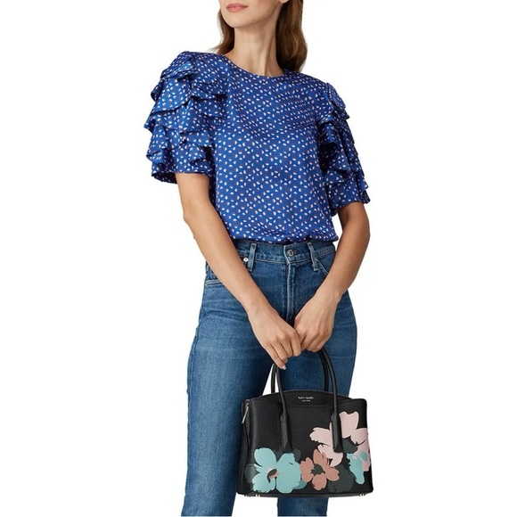 KATE SPADE Geo Dot Satin Blouse Blue Ruffle Puff Sleeve Top Size Small - Picture 2 of 13